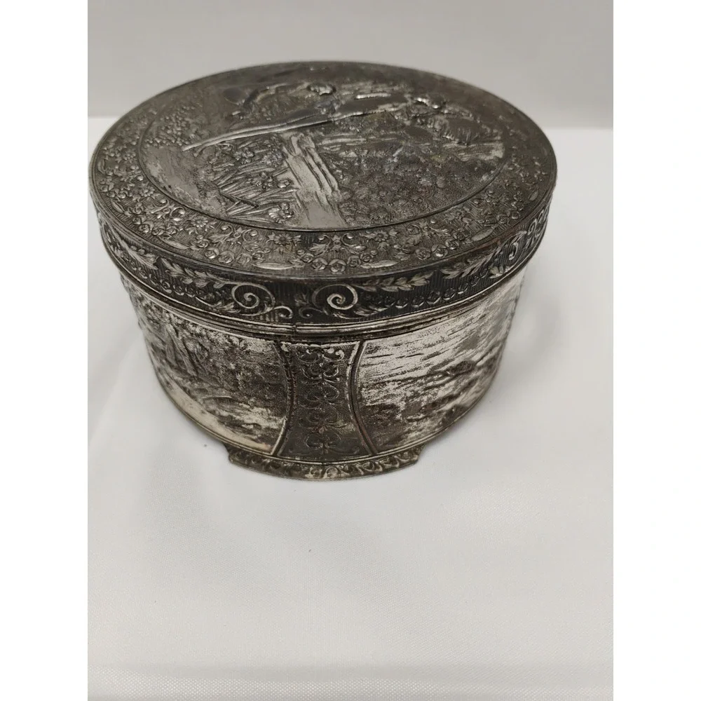 Japan Metal Trinket Dresser Box Risque Ladies Bathing At The Stream Vintage